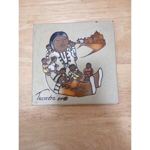 Vintage Cleo Teissedre Handpainted Storyteller Ceramic Tile 1984 Woman with Kids
